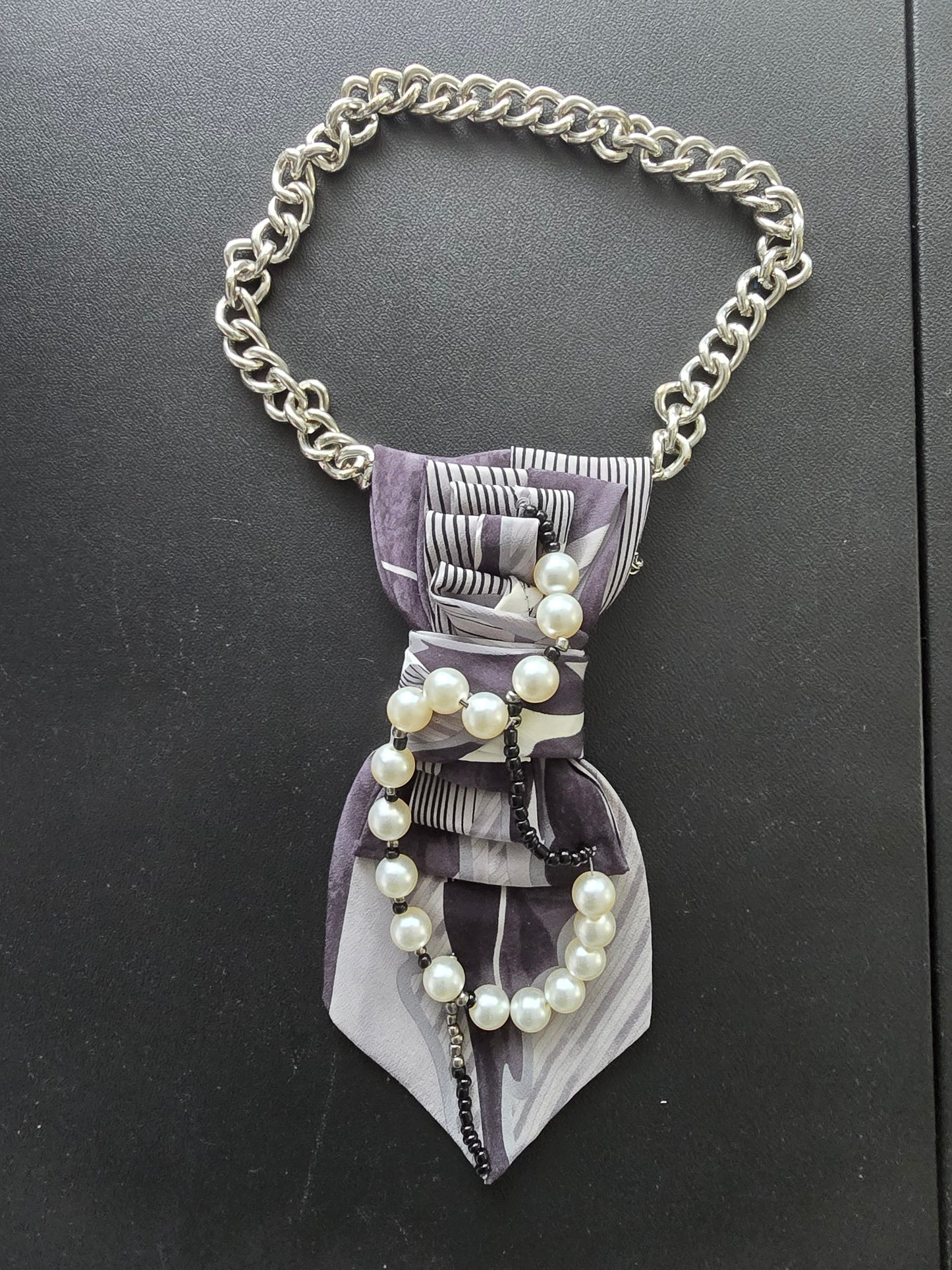 Tie - Ladies-Neckless Tie (Light Gray & Purple w/ Pearl Embellishments)