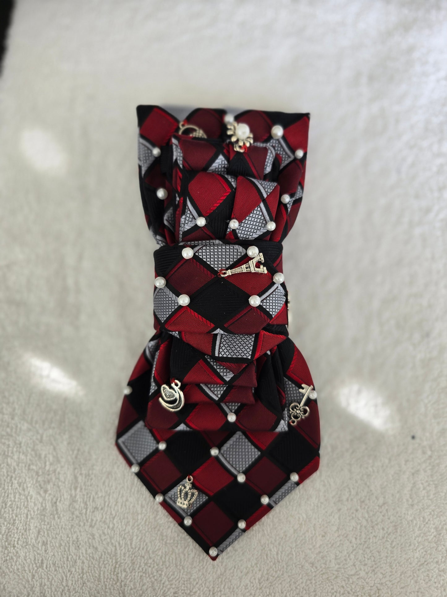 Tie Ladies Black, Red, and Silver Embellishment